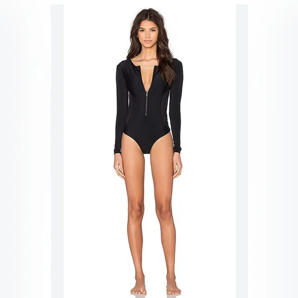 Black Long Sleeve One Piece Swimsuit - Picture 2 of 11